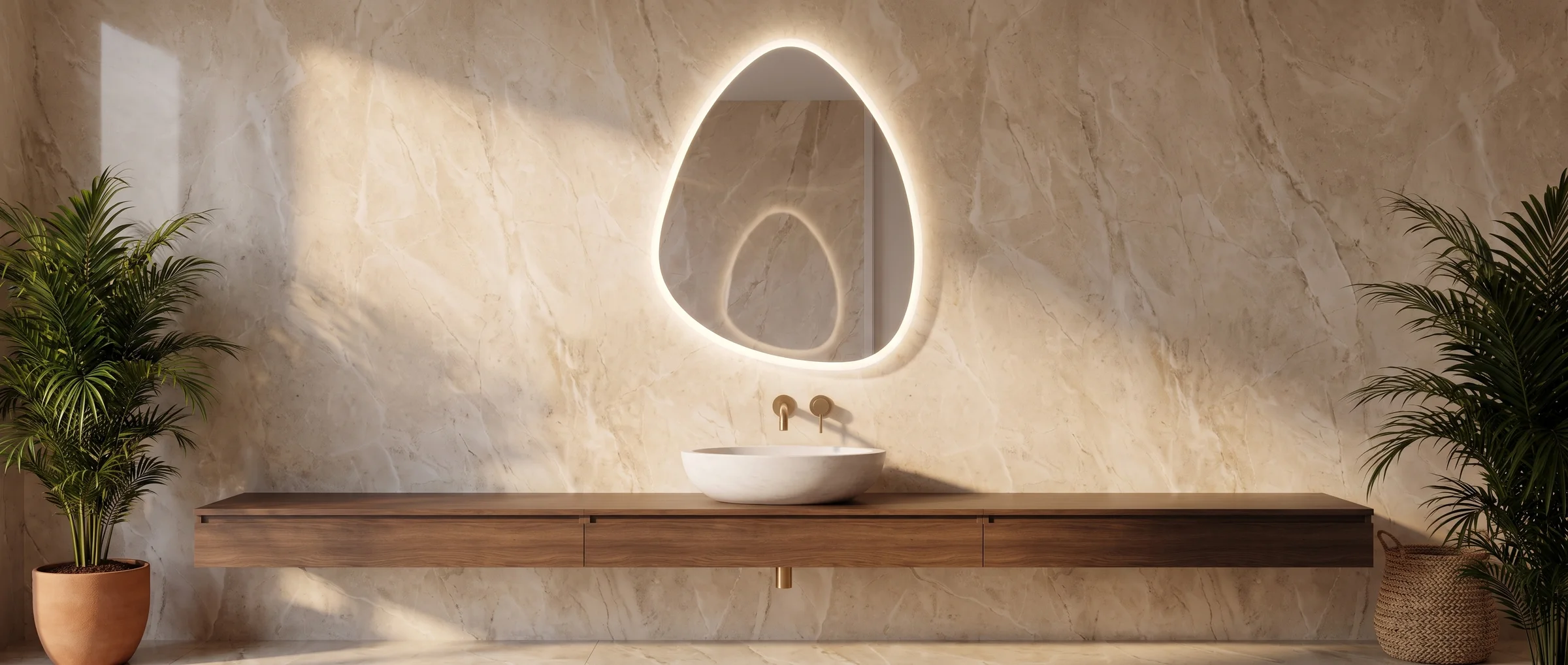 Miroir LED de forme libre rétroéclairé au-dessus d'une vasque, salle de bain en pierre claire